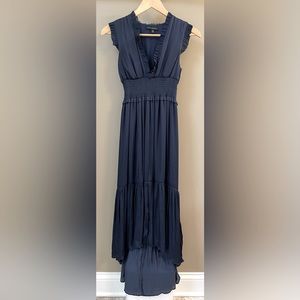 Elegant navy blue silky, flowy tiered high-low dress. Never worn, but no tags.